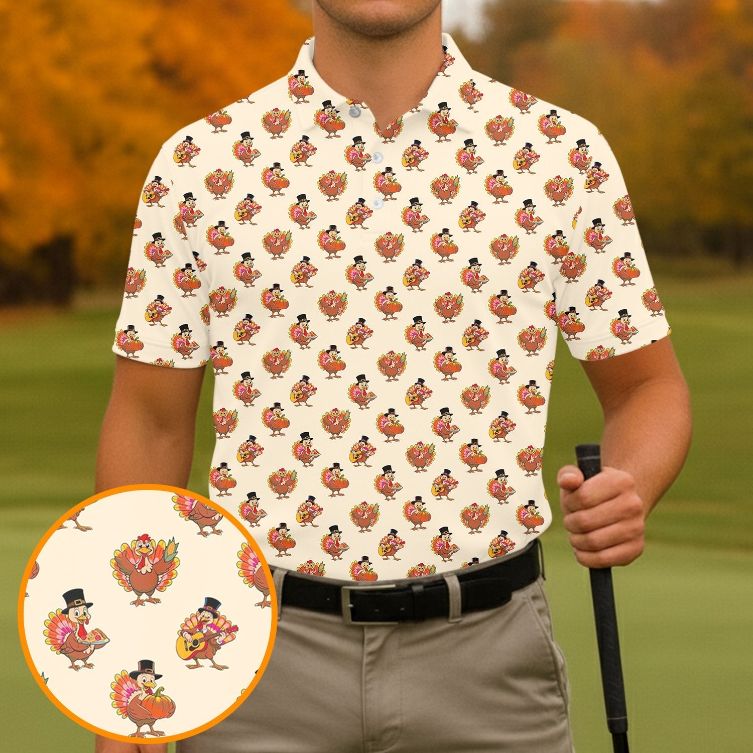 Festive Turkey Thanksgiving Holiday Beige Golf Tops For Men, Polo Shirtor Men, Golf Gift For Men