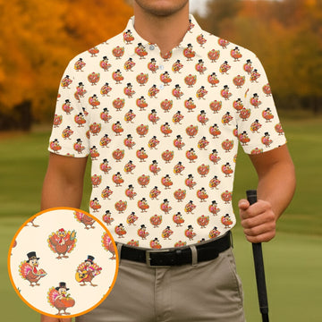 Festive Turkey Thanksgiving Holiday Beige Golf Tops For Men, Polo Shirtor Men, Golf Gift For Men