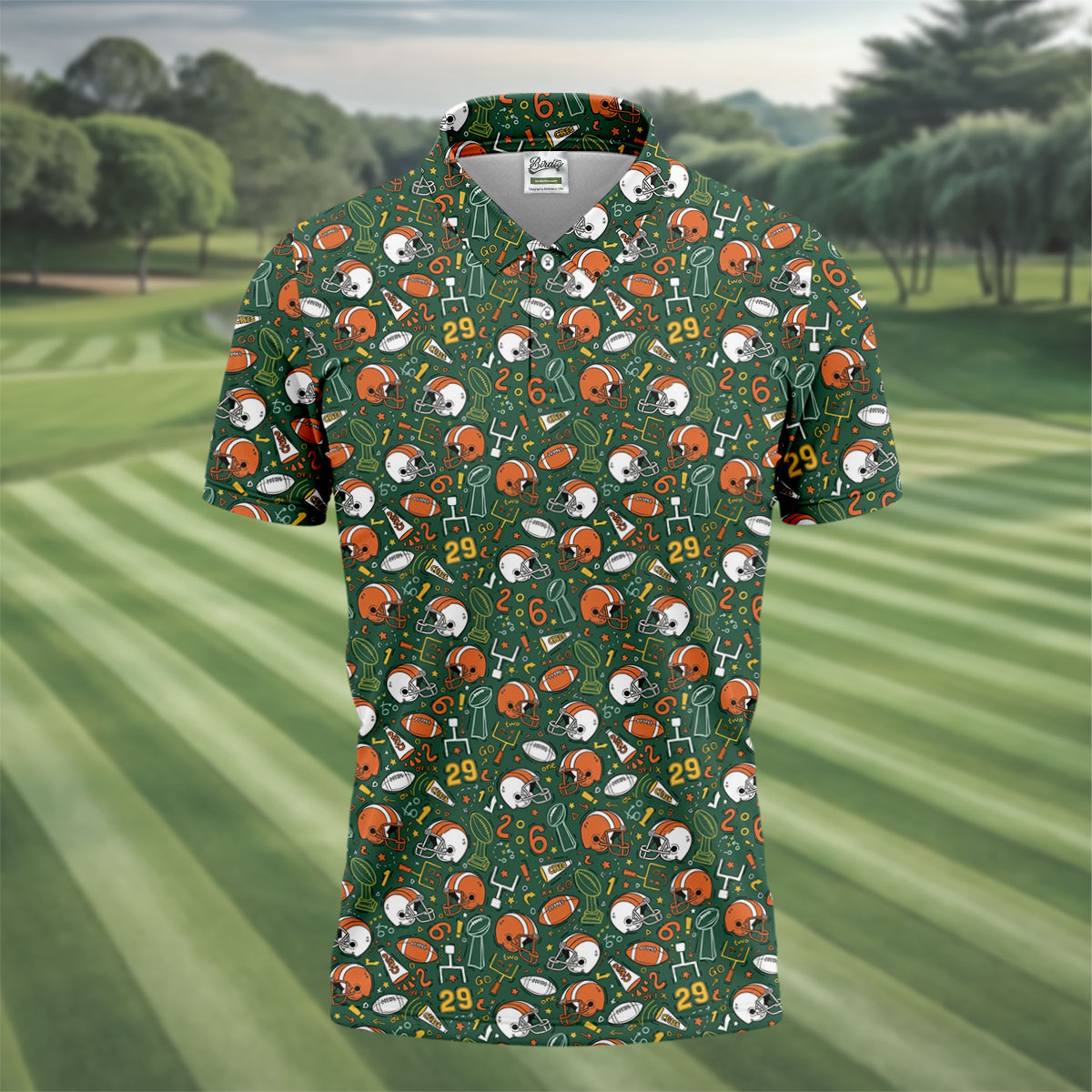Orange And White Football Helmet Trophy Pattern Green Men Polo, Game Day Football Theme Polo For Men