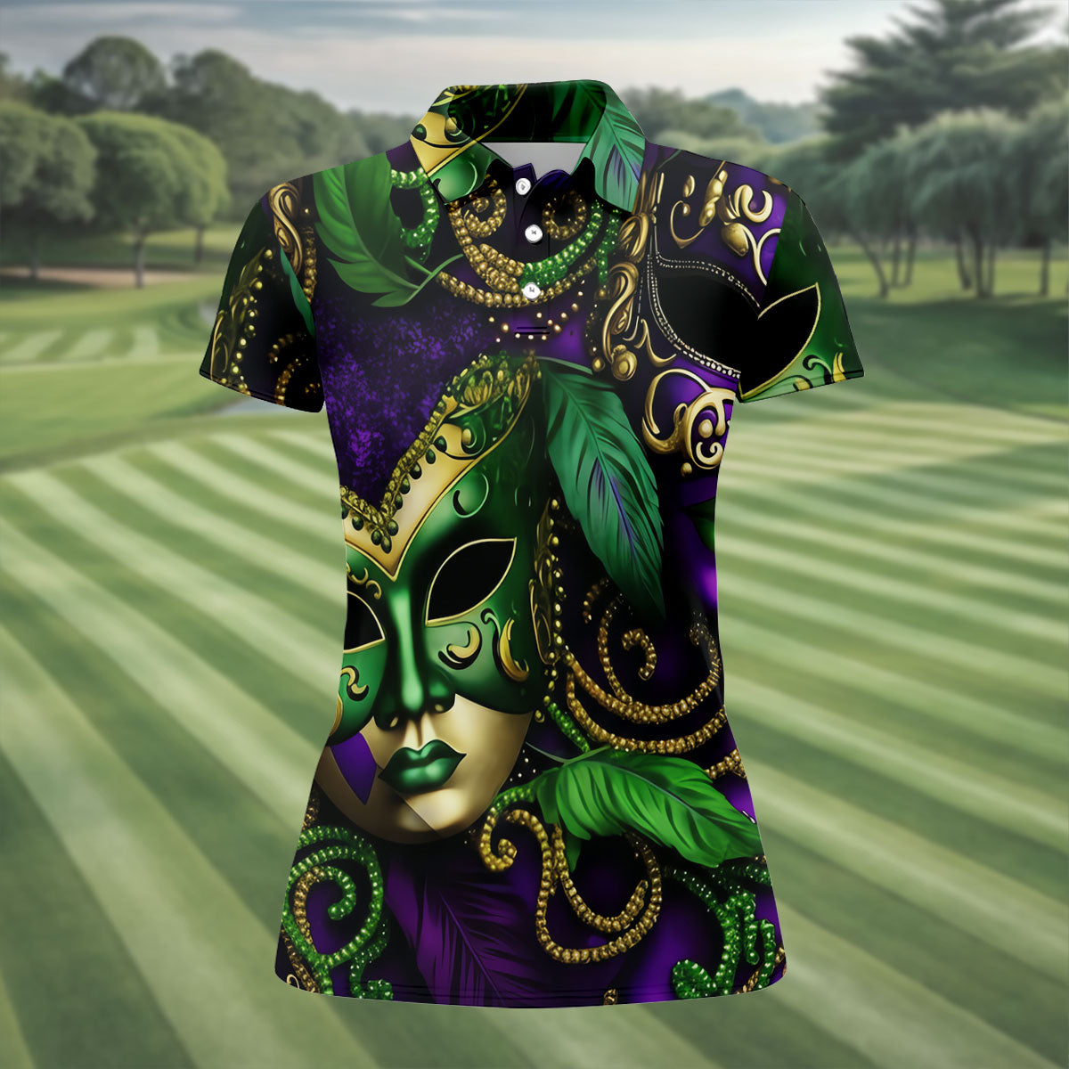 Purple Green Gold Carnival Mask Feather Print Mardi Gras Golf Shirt, Women's Golf Tops, Ladies Golf Shirts