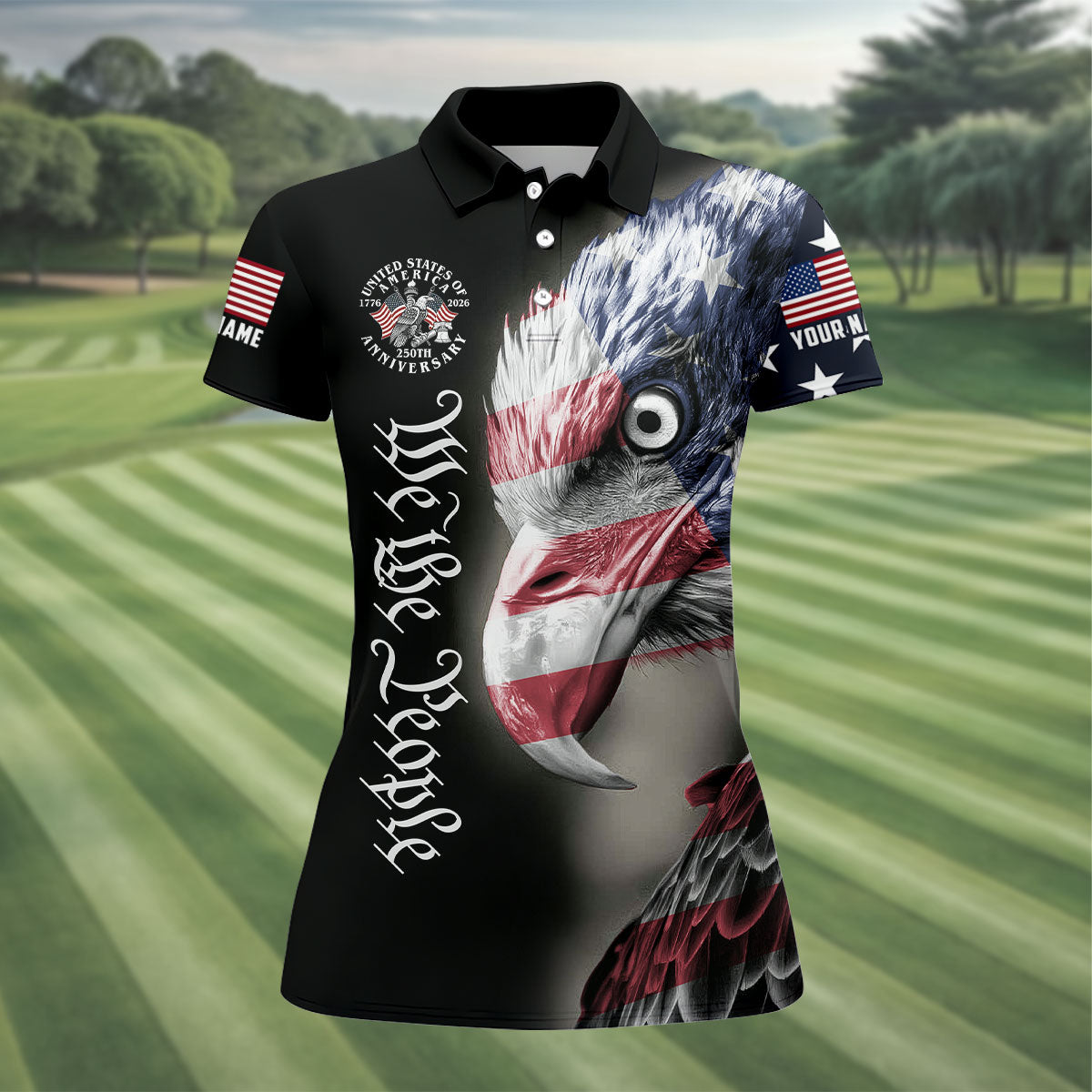 We The People Patriotic Bald Eagle American Flag Golf Shirt, 250 Years 4th Of July Golf Shirt For Women