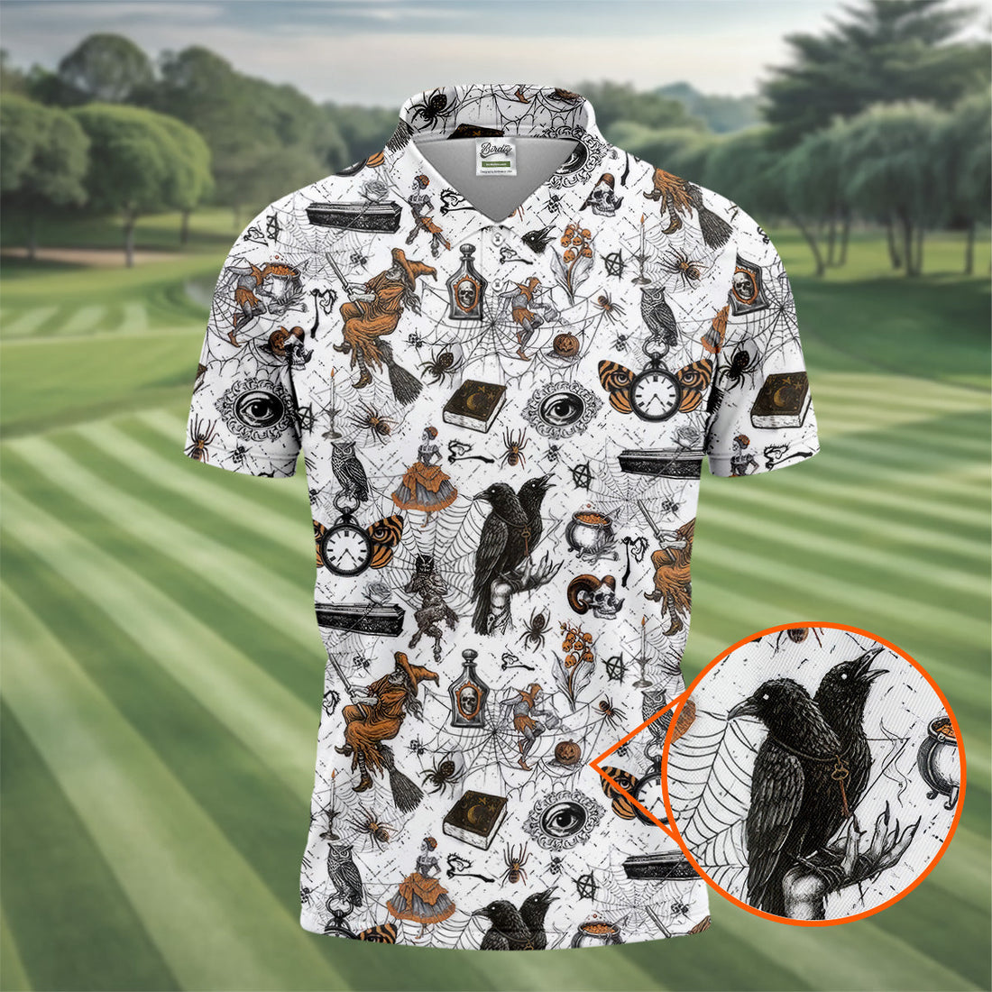 Spider Witch Skull Black Crow Men's Golf Shirt, Halloween Golf Shirt, Halloween Shirt For Men