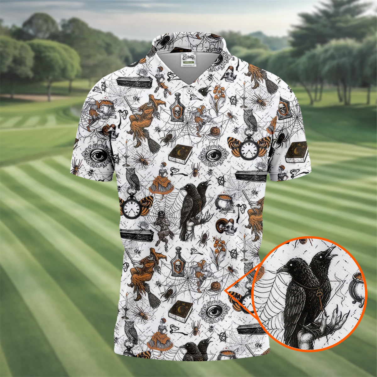 Spider Witch Skull Black Crow Men's Golf Shirt, Halloween Golf Shirt, Halloween Shirt For Men