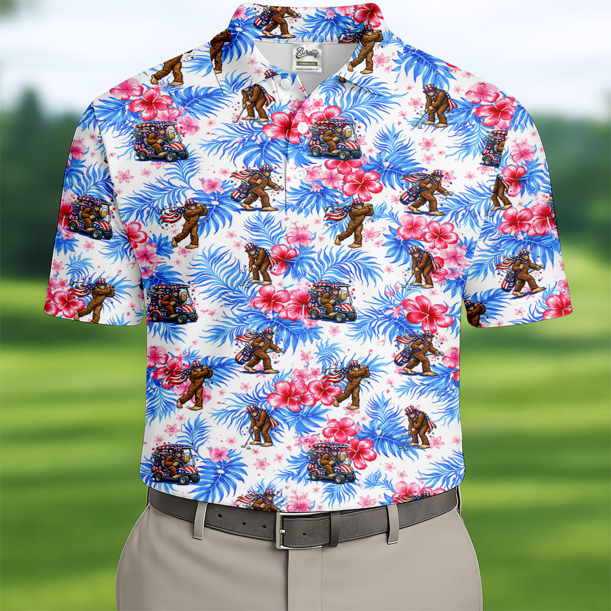 Funny Bigfoot Golf Pose 4th Of July Tropical Vibe Golf Shirts For Men, 250th Anniversary Patriotic Golf Shirt