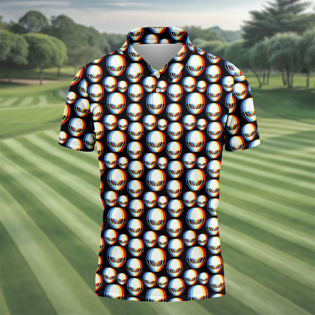 Retro Alien Golf Shirt, Black UFO Pattern Men's Golf Polo, Polo Shirts For Men