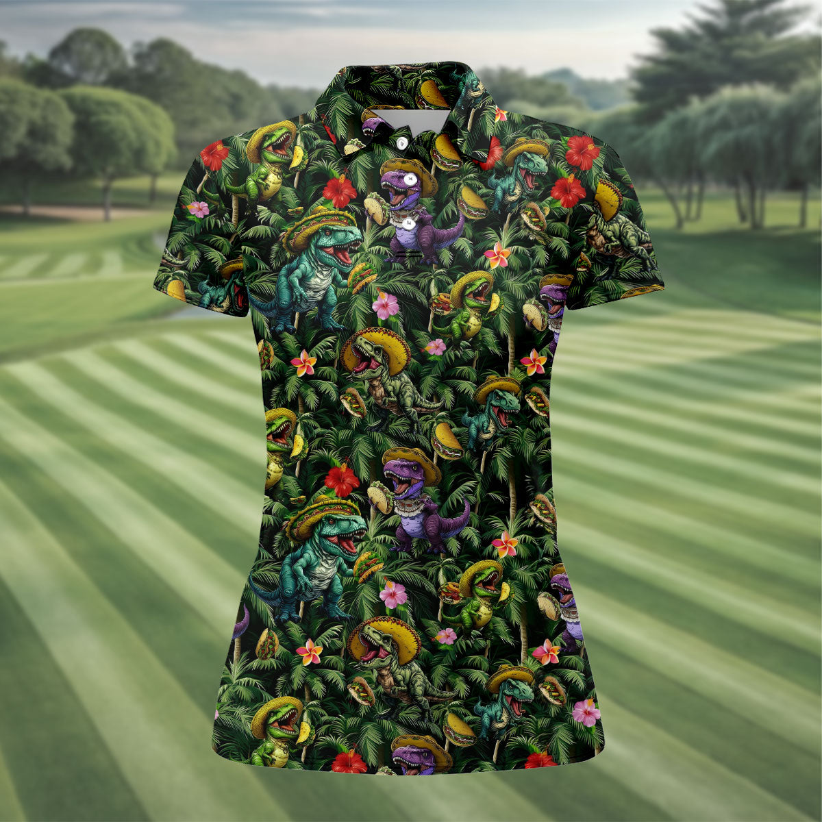 Hawaiian Dinosaur Sombreros Tacos Fun Golf Shirt, Cinco De Mayo Celebration Golf Shirt For Women