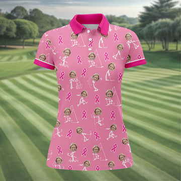 Funny Stick Figure Women's Golf Shirt, Custom Face Shirt, Breast Cancer Awareness Shirt, Pink Golf Shirt