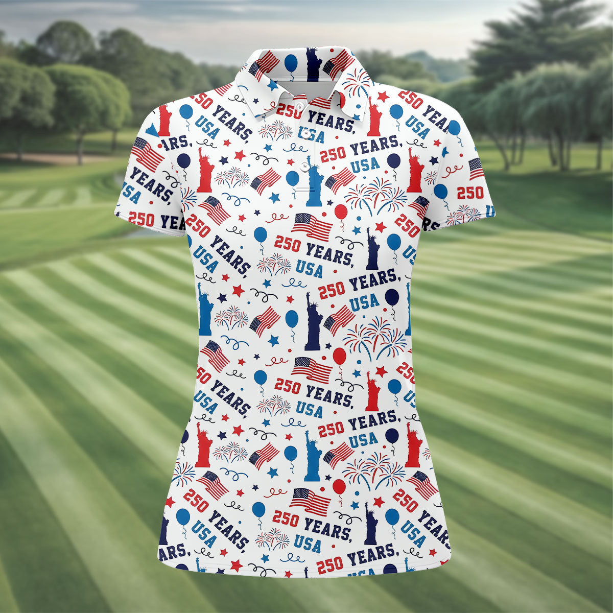 250 Years USA Red White Blue Seamless Pattern White Golf Shirt, Patriotic 4th Of July Golf Shirt For Women
