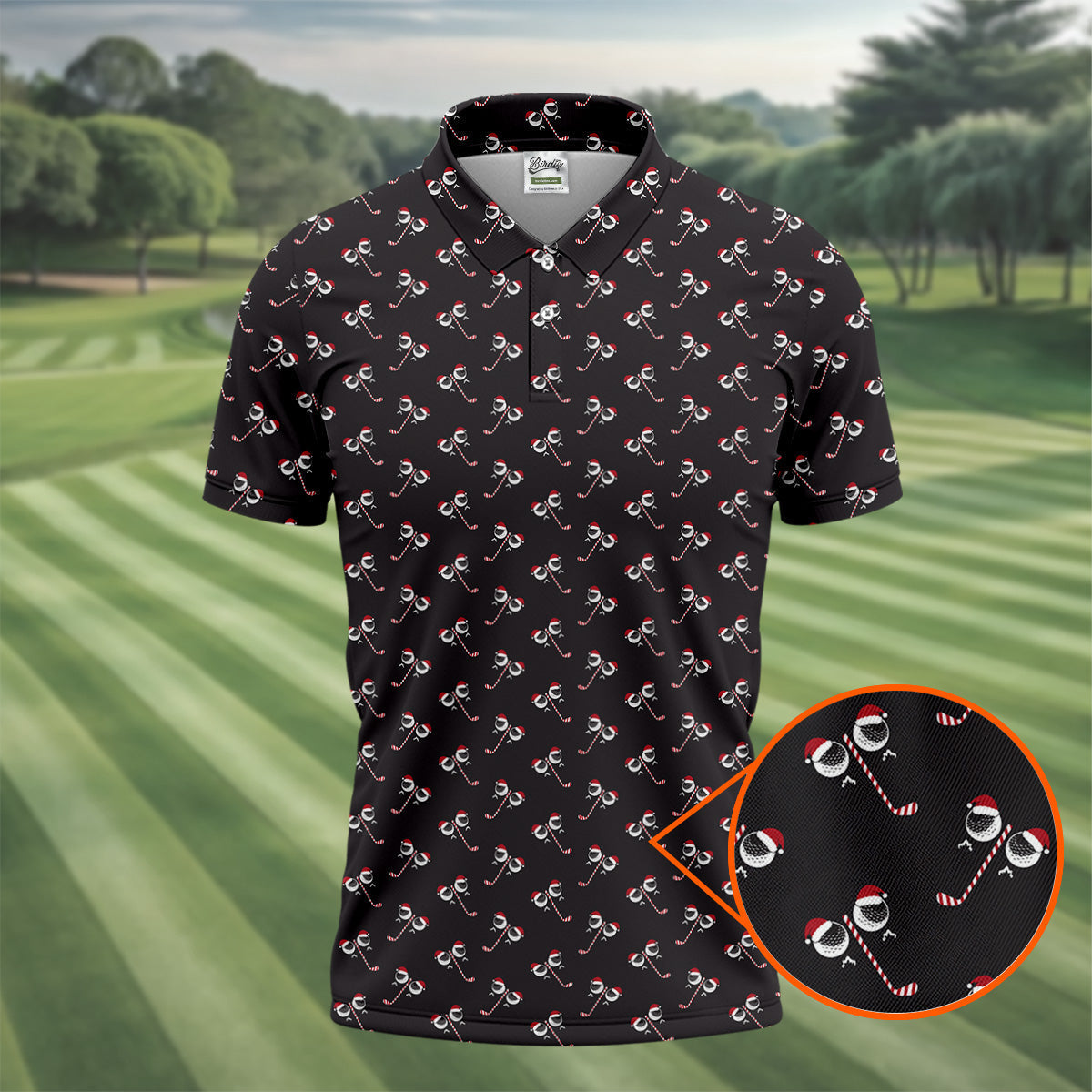Funny Christmas Candy Cane Pattern Black Golf Shirt, Polo ShirtFor Men, Christmas Golf Shirt