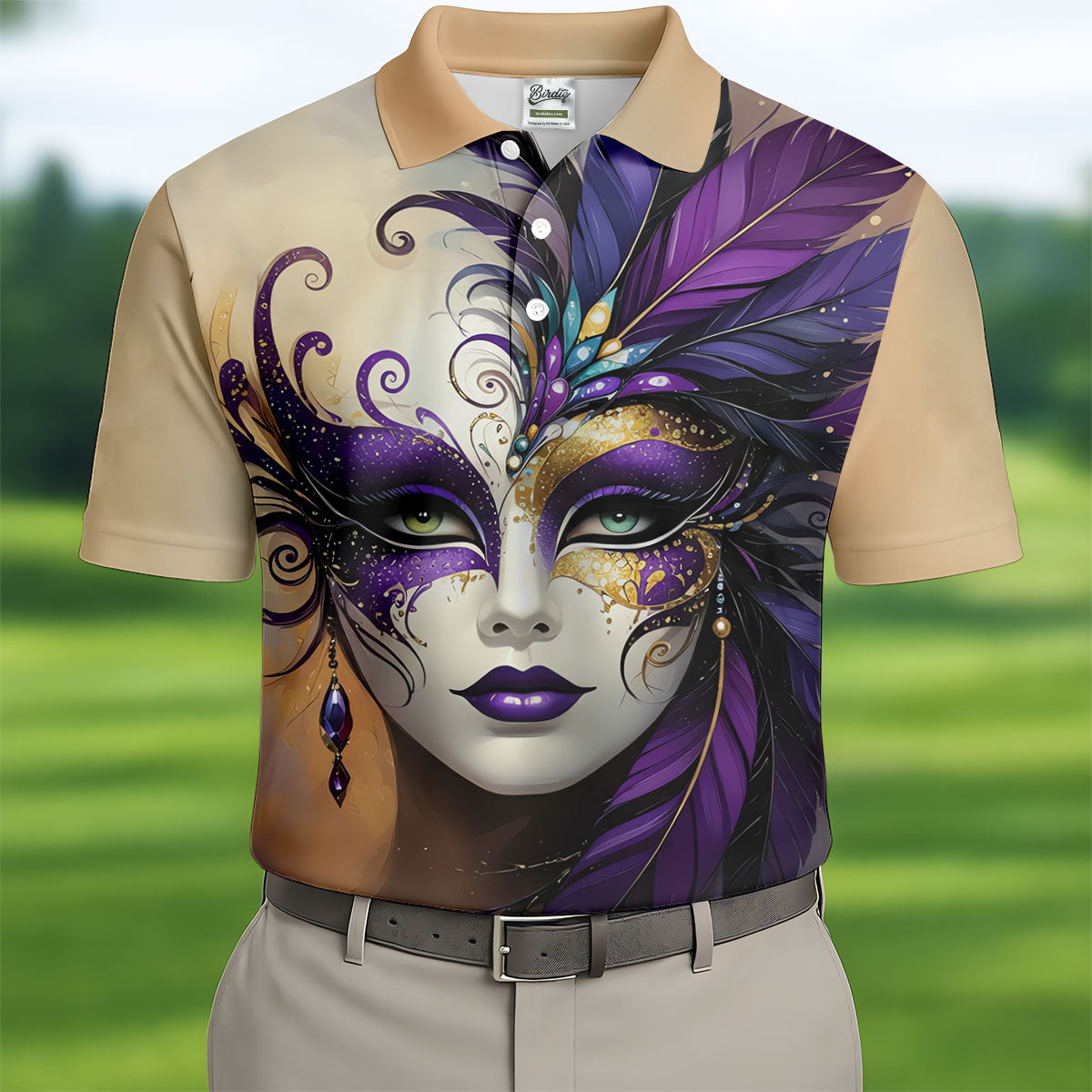 Feather Mask Mardi Gras Golf Shirt, Purple And Beige Golf Shirts For Men, Polo ShirtFor Men
