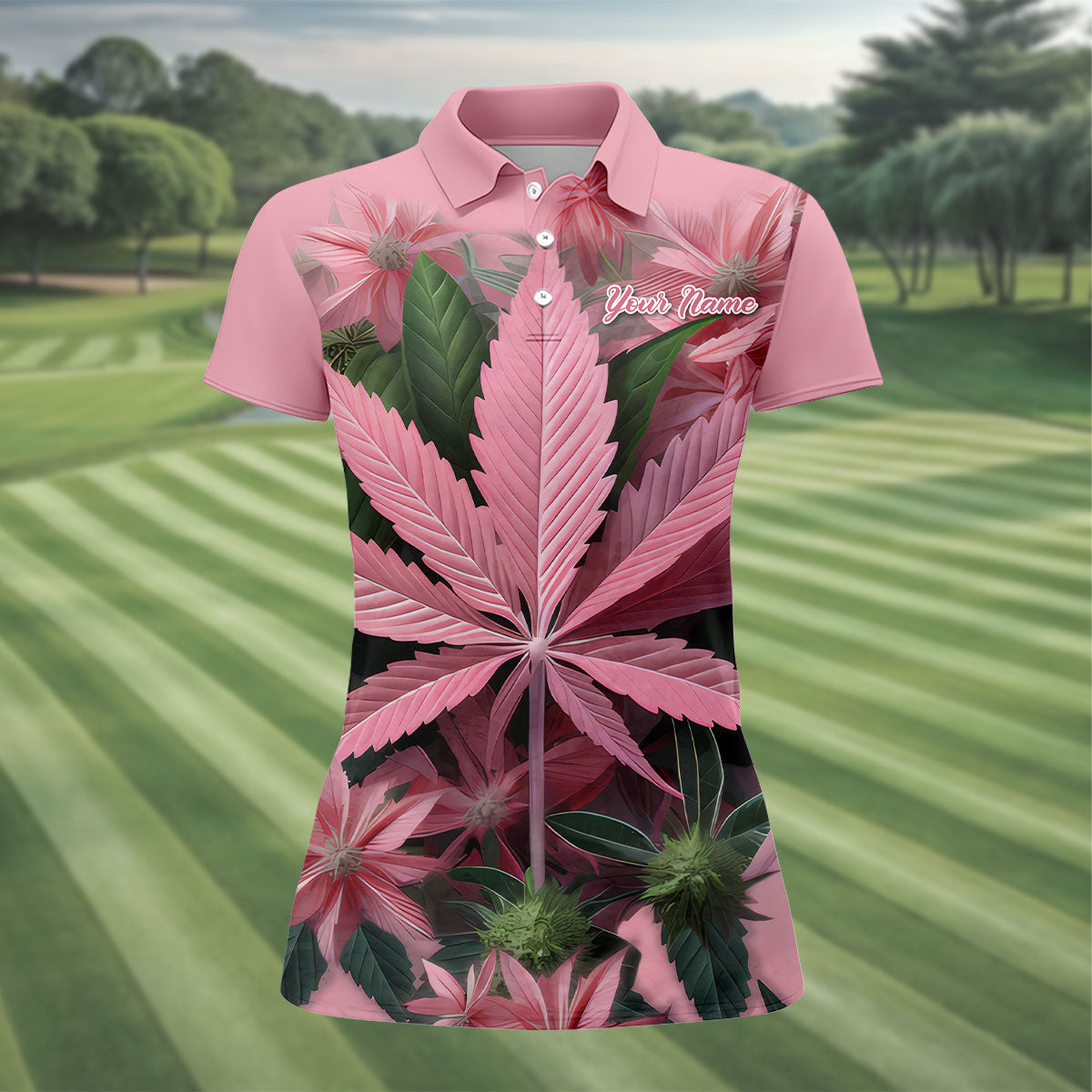 Pink Marijuana Leaf Women's Golf Shirt, Funny Weed Golf Shirt, Custom Ladies Golf Shirt, Ladies Golf Polos