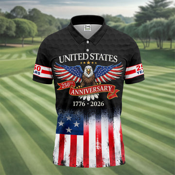 US Bald Eagle 250th Anniversary Celebration Ribbon Black Golf Shirt, Patriotic 4th Of July Golf Shirts For Men