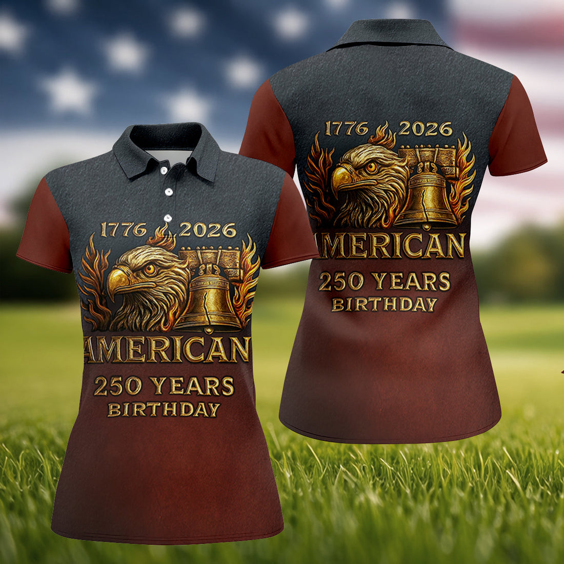 American 250 Years Birthday Navy And Maroon Women's Golf Tops, 250th Anniversary Ladies Golf Shirts