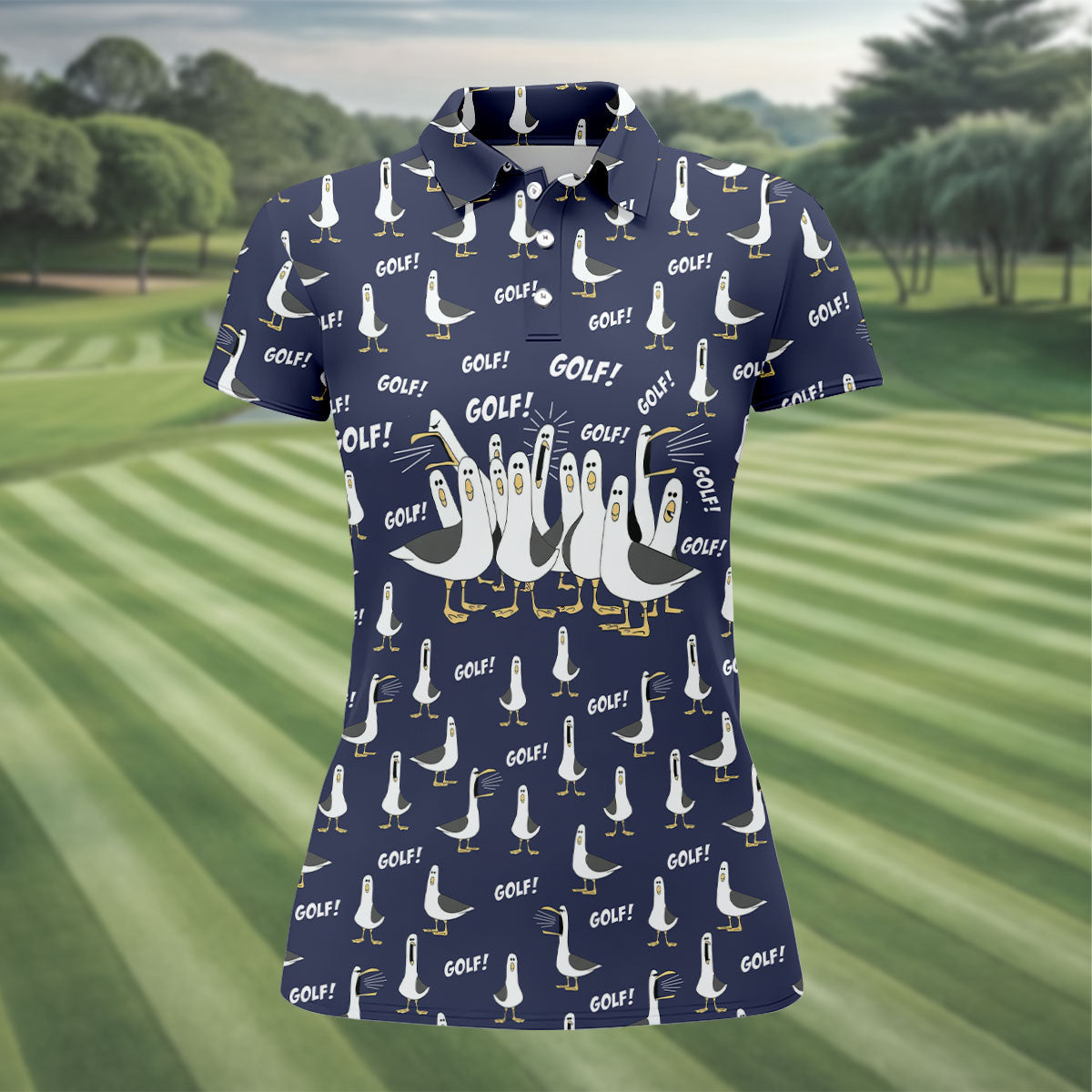 Funny Seagull Halloween Golf Shirt, Cartoon Bird Pattern, Women's Golf Apparel, Printed Golf Shirt