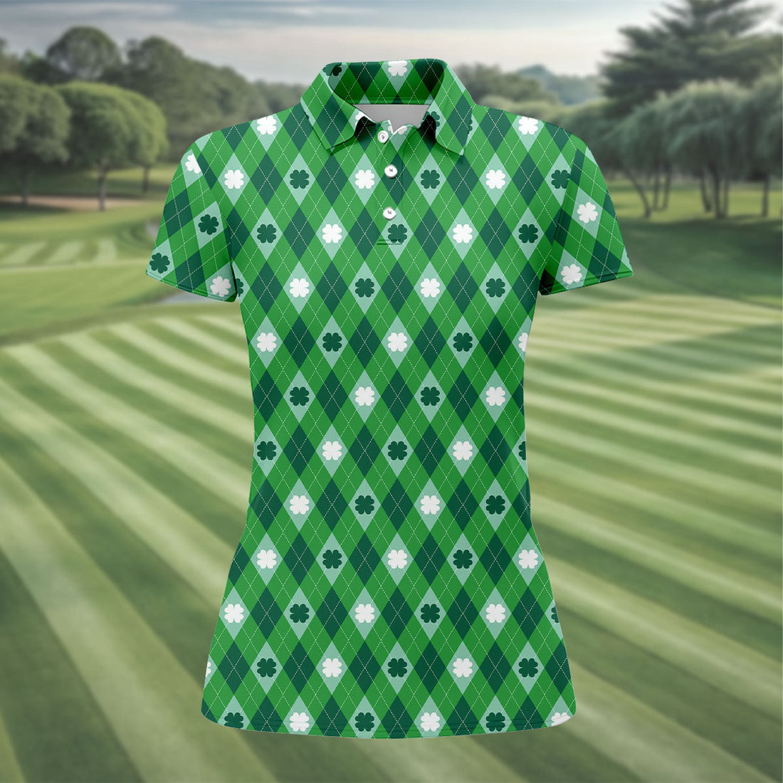 Green And White Lucky Four Leaf Clover Argyle Pattern St Patrick's Day Golf Shirt, Women's Golf Tops