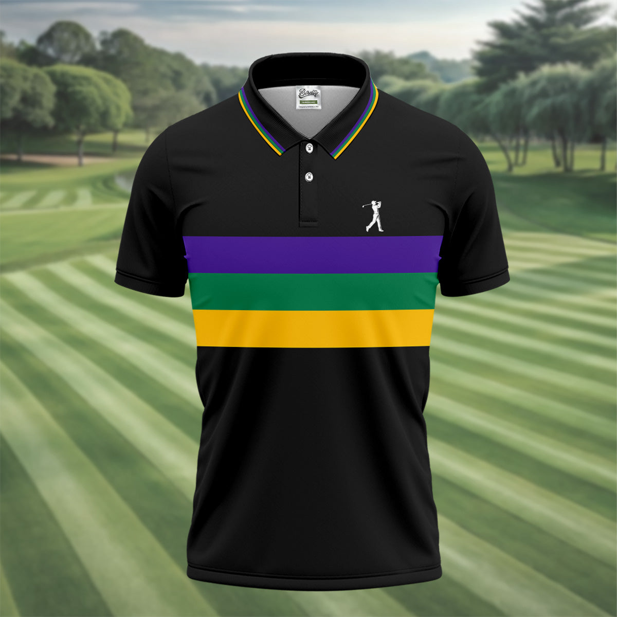 Mardi Gras Purple Green Gold Horizontal Stripes Black Golf Shirt, Golf Tops For Men, Polo ShirtFor Men