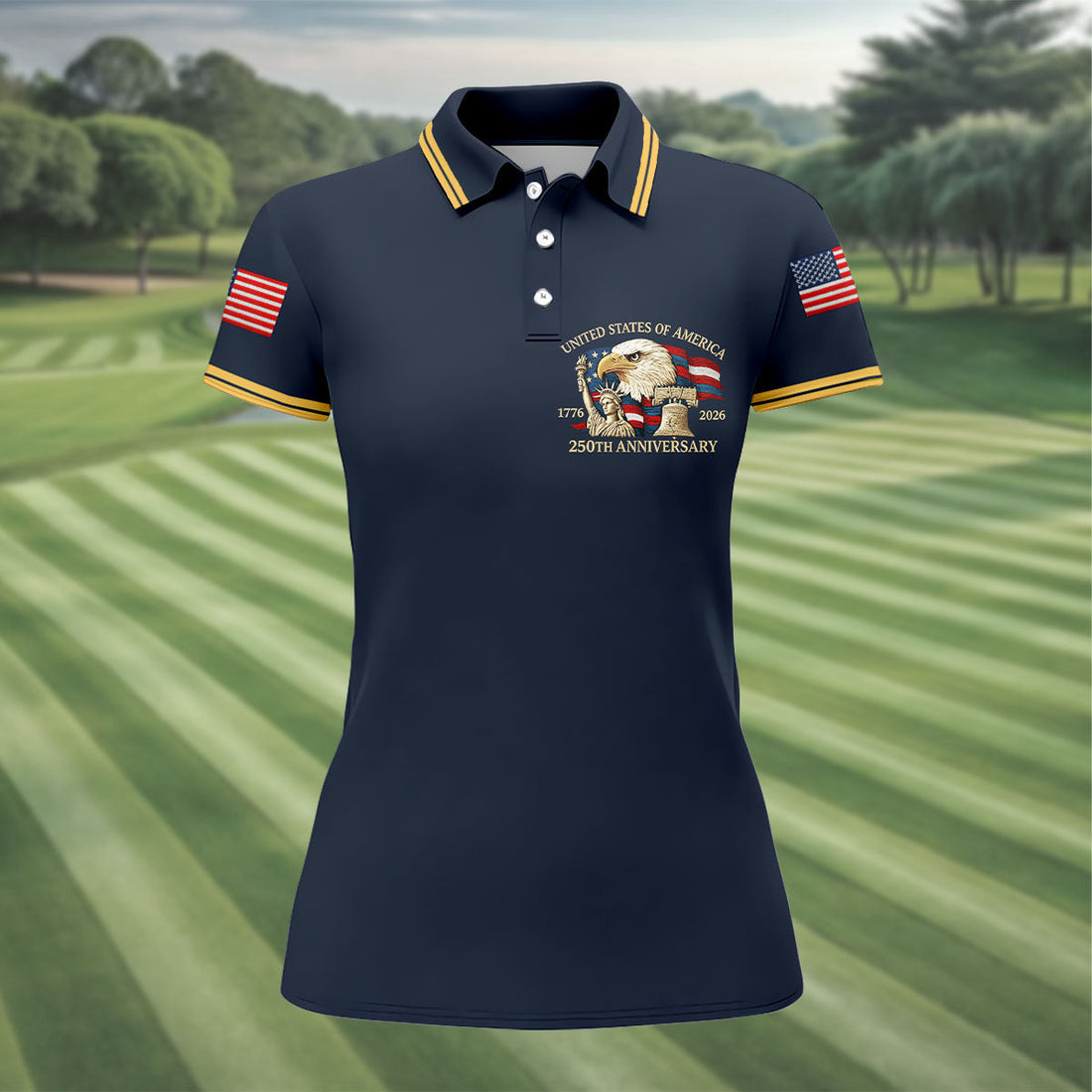 Bald Eagle American Flag 250 Years Navy Golf Shirt, Patriotic 4th Of July Golf Shirt For Women