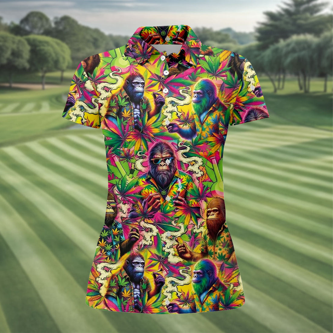 Psychedelic Bigfoot Cannabis Leaf Hawaiian Polo Shirt, Women’s Golf Polo, Golf Shirts For Women