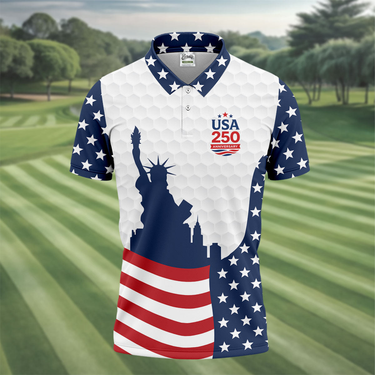 USA 250 Anniversary Silhouette Of Statue Of Liberty White Golf Shirt, 4th Of July Golf Shirts For Men