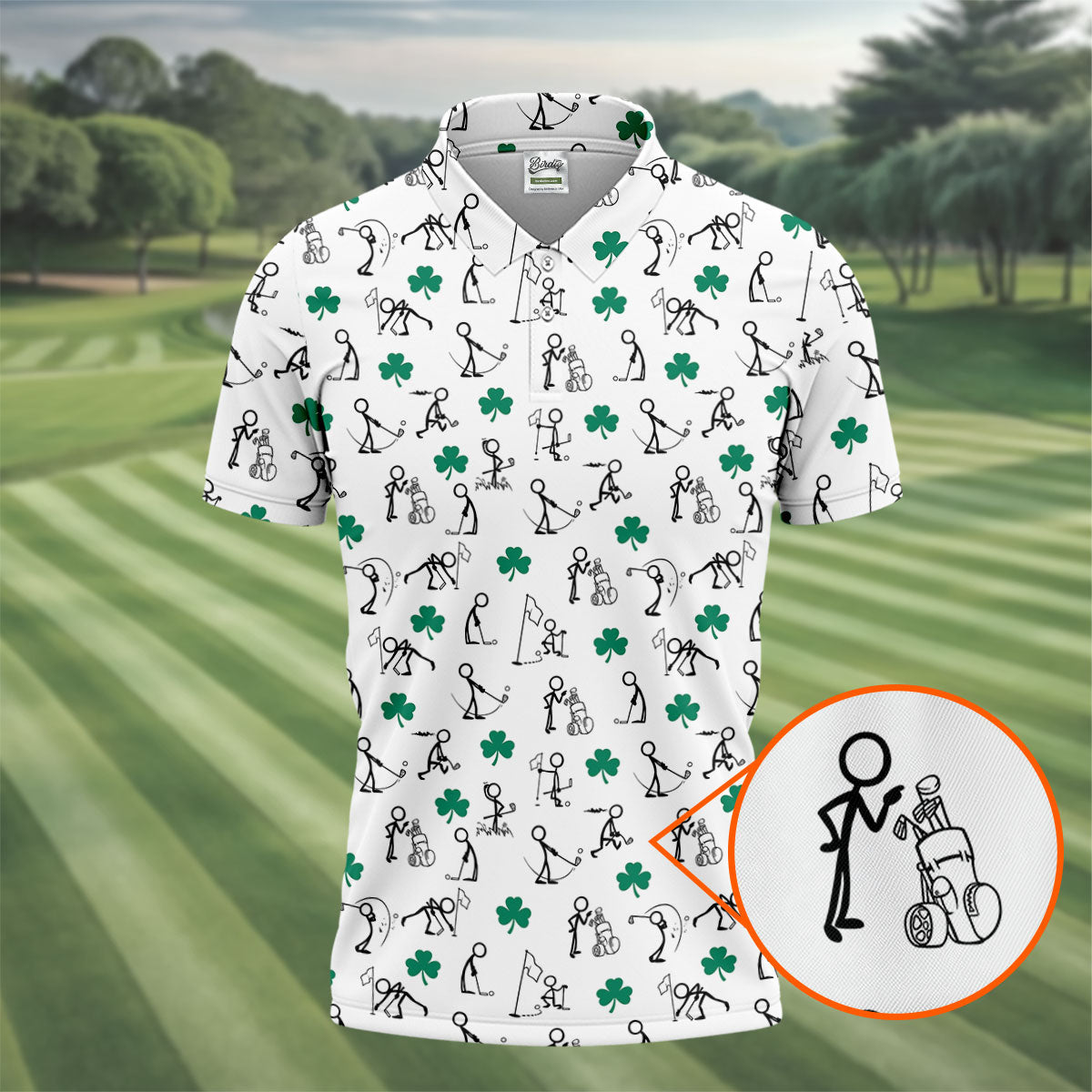 Stick Figure Golf Pose St Patrick's Day Shamrock White Golf Shirt, Polo ShirtFor Men, Golf Shirts For Men