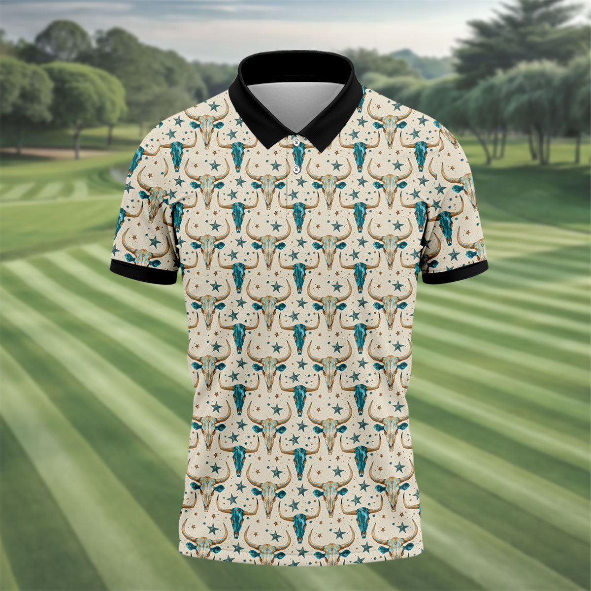 Cow Skulls Turquoise And Beige Western Theme Golf Tops For Men, Polo Shirtor Men, Golf Shirts For Men