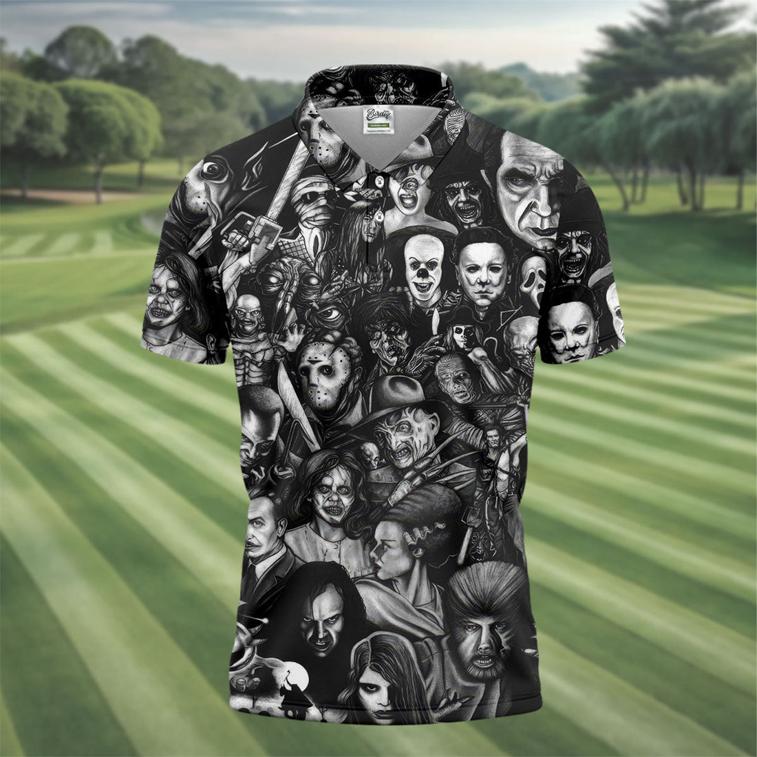 Classic Horror Characters Black And White Golf Polo, Dark Vibe Polo ShirtFor Men, Halloween Golf Shirt