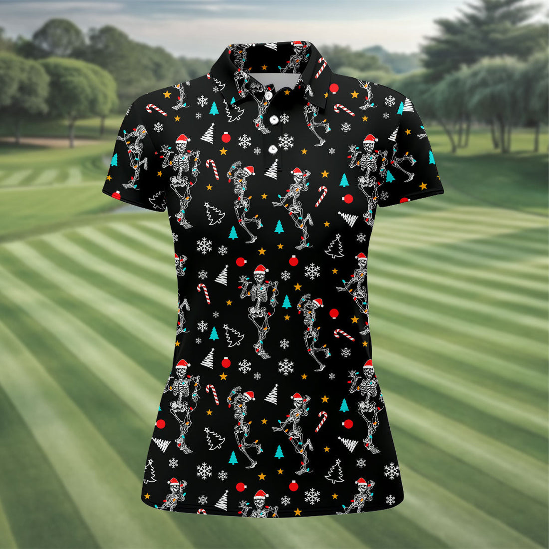 Skeleton Christmas Fun Women's Golf Shirts, Christmas Golf Shirt, Ladies Golf Polos, Cool Golf Gift