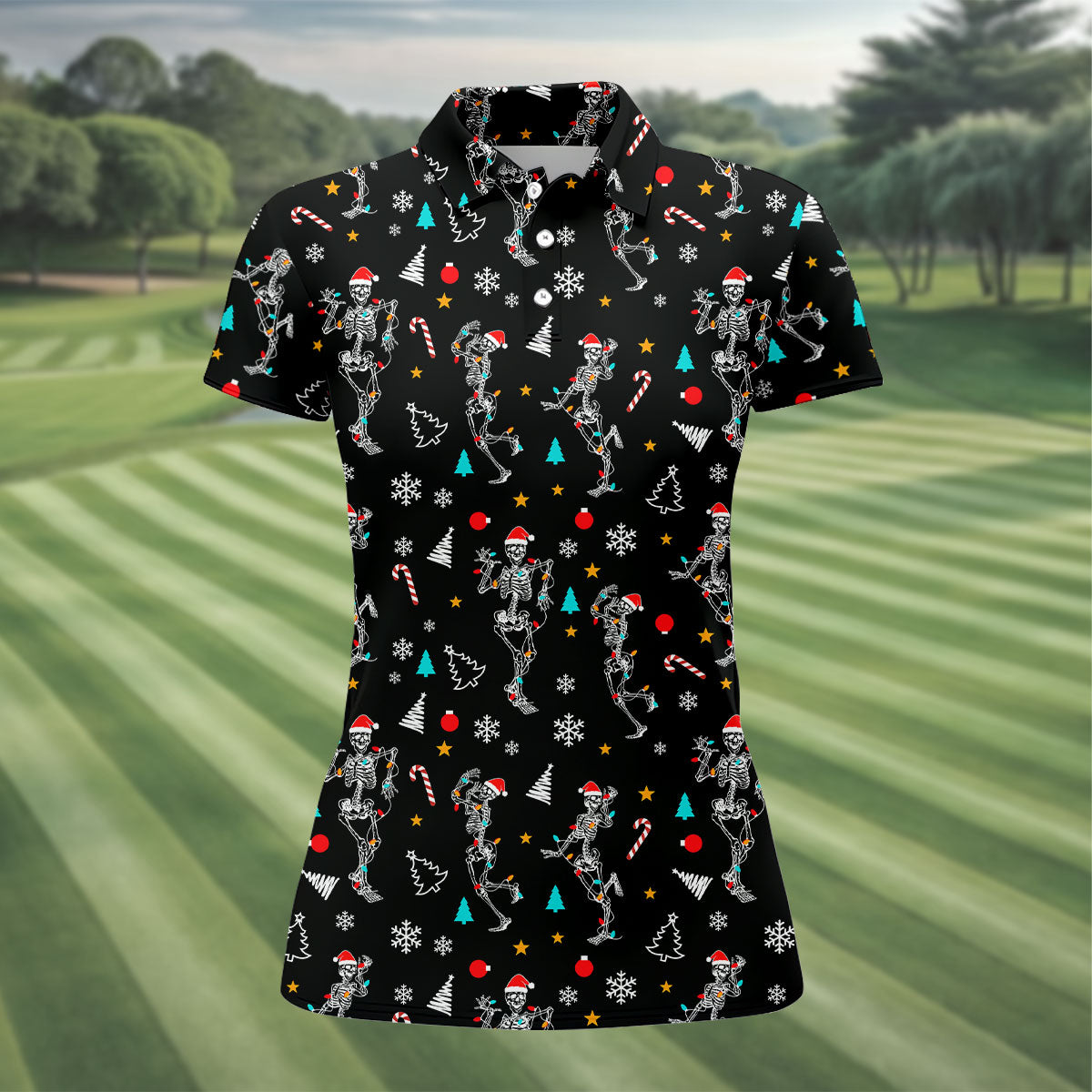 Skeleton Christmas Fun Women's Golf Shirts, Christmas Golf Shirt, Ladies Golf Polos, Cool Golf Gift