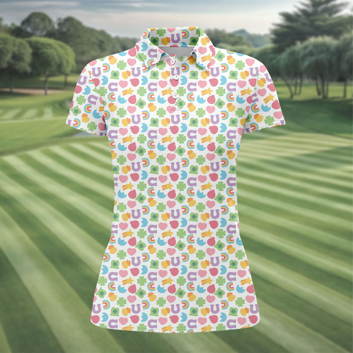 St Patrick's Day Lucky Charms White Golf Shirt, Cute Golf Outfit, Women's Golf Tops, Ladies Golf Polos