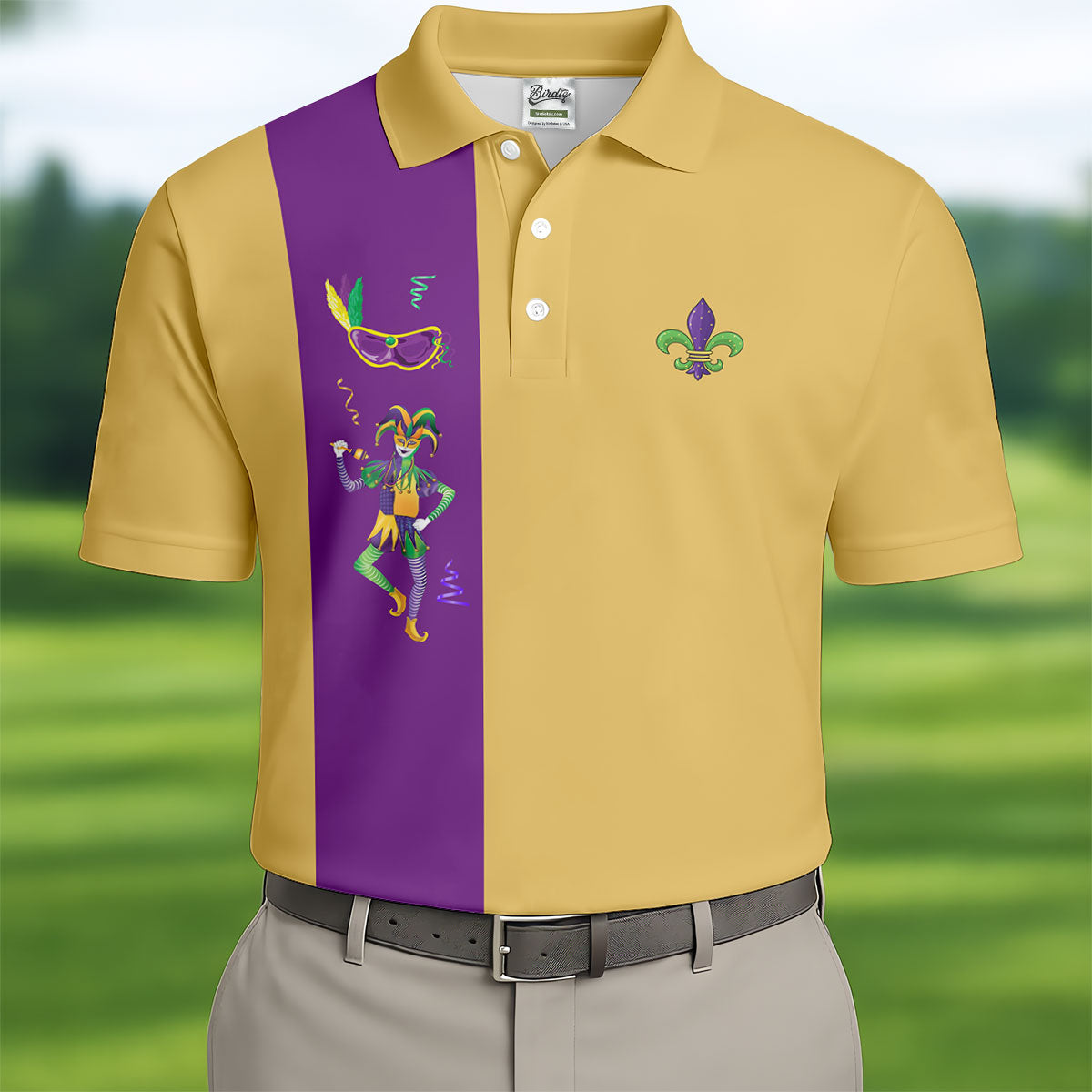 Mardi Gras Festival Jester Figure Fleur De Lis Symbol Yellow Golf Shirt, Polo ShirtFor Men, Golf Shirts For Men