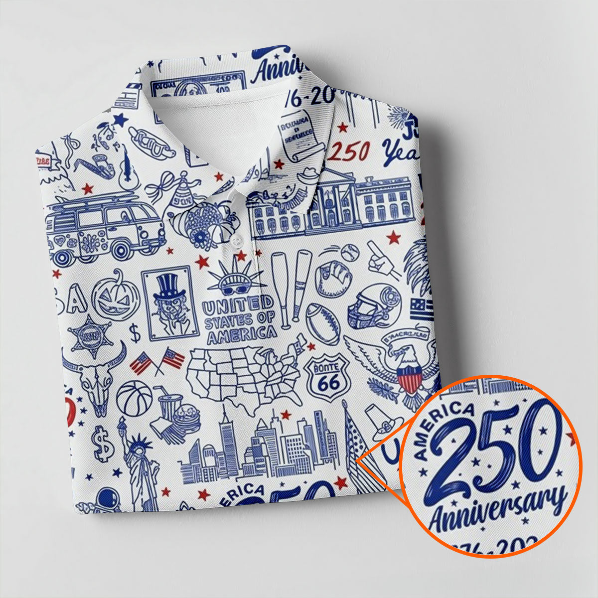 America 250 Anniversary US Symbols Doodle Pattern Patriotic Golf Shirt, 4th Of July Golf Shirt For Women