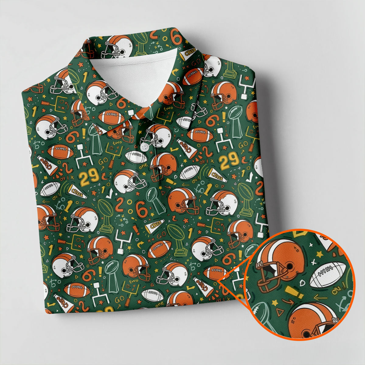 Orange And White Football Helmet Trophy Pattern Green Men Polo, Game Day Football Theme Polo For Men