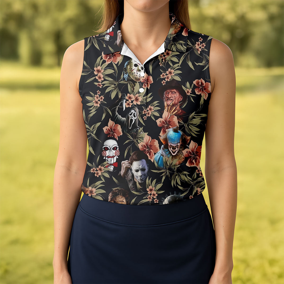 Dark Floral Horror Character Halloween Golf Shirt, Women’s Golf Polo, Printed Golf Shirt