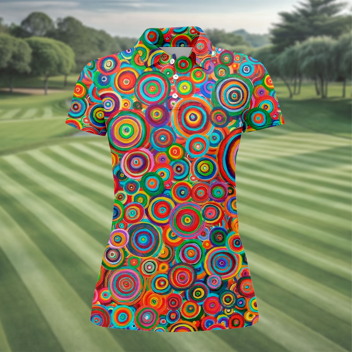 Colorful Abstract Circle Pattern Polo Shirt, Printed Golf Shirt, Hawaiian Golf Shirt, Women’s Golf Tops
