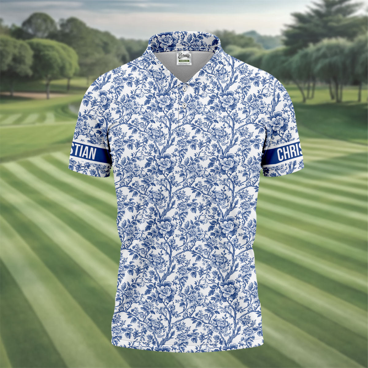 Toile De Jouy Blue Golf Shirt, Golf Tops For Men, Polo ShirtFor Men, Golf Gift For Men, Golf Shirts For Men