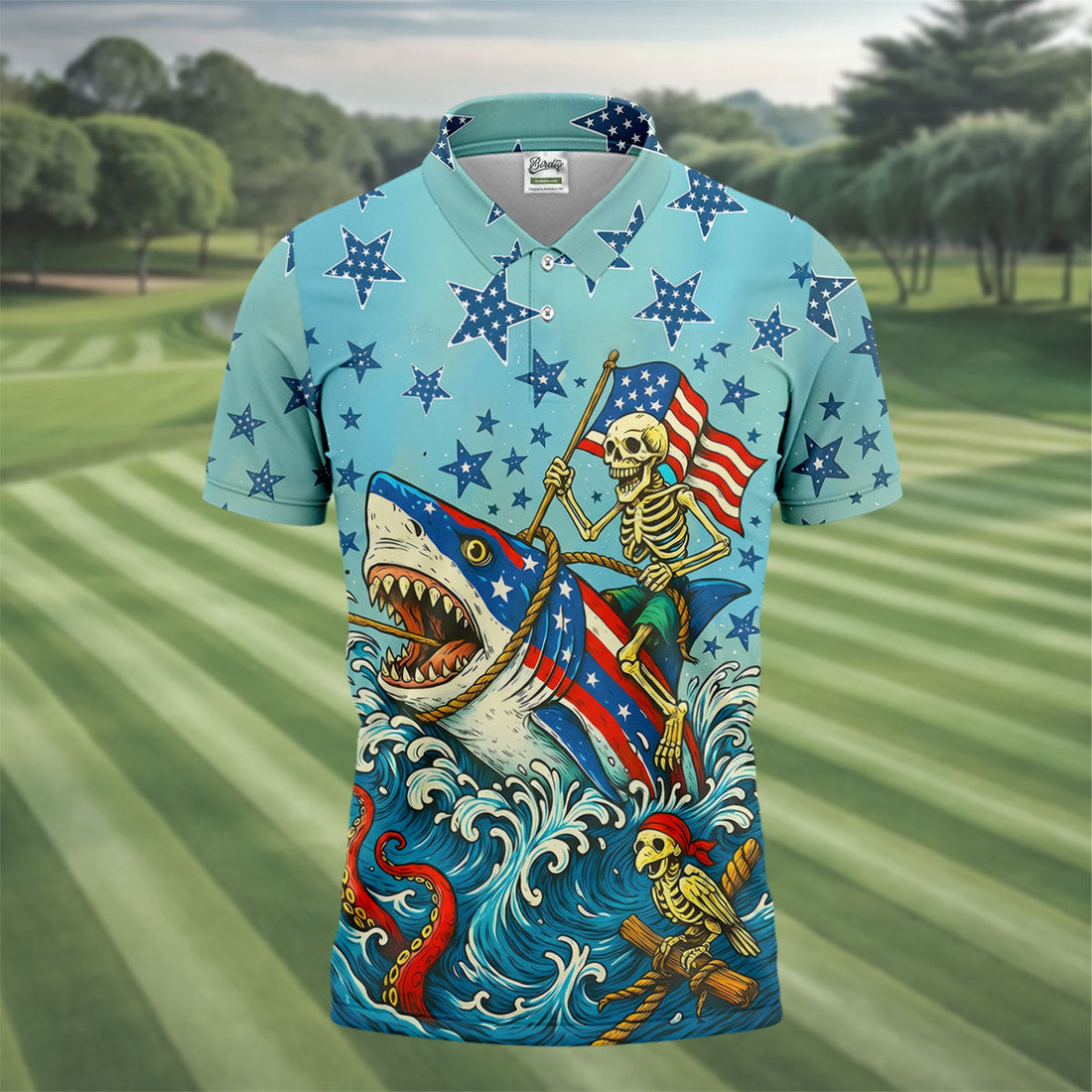Skeleton Riding Shark Patriotic Golf Shirt, 4th Of July Golf Shirt, 250 Years Polo Shirtor Men