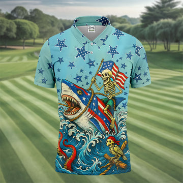 Skeleton Riding Shark Patriotic Golf Shirt, 4th Of July Golf Shirt, 250 Years Polo Shirtor Men