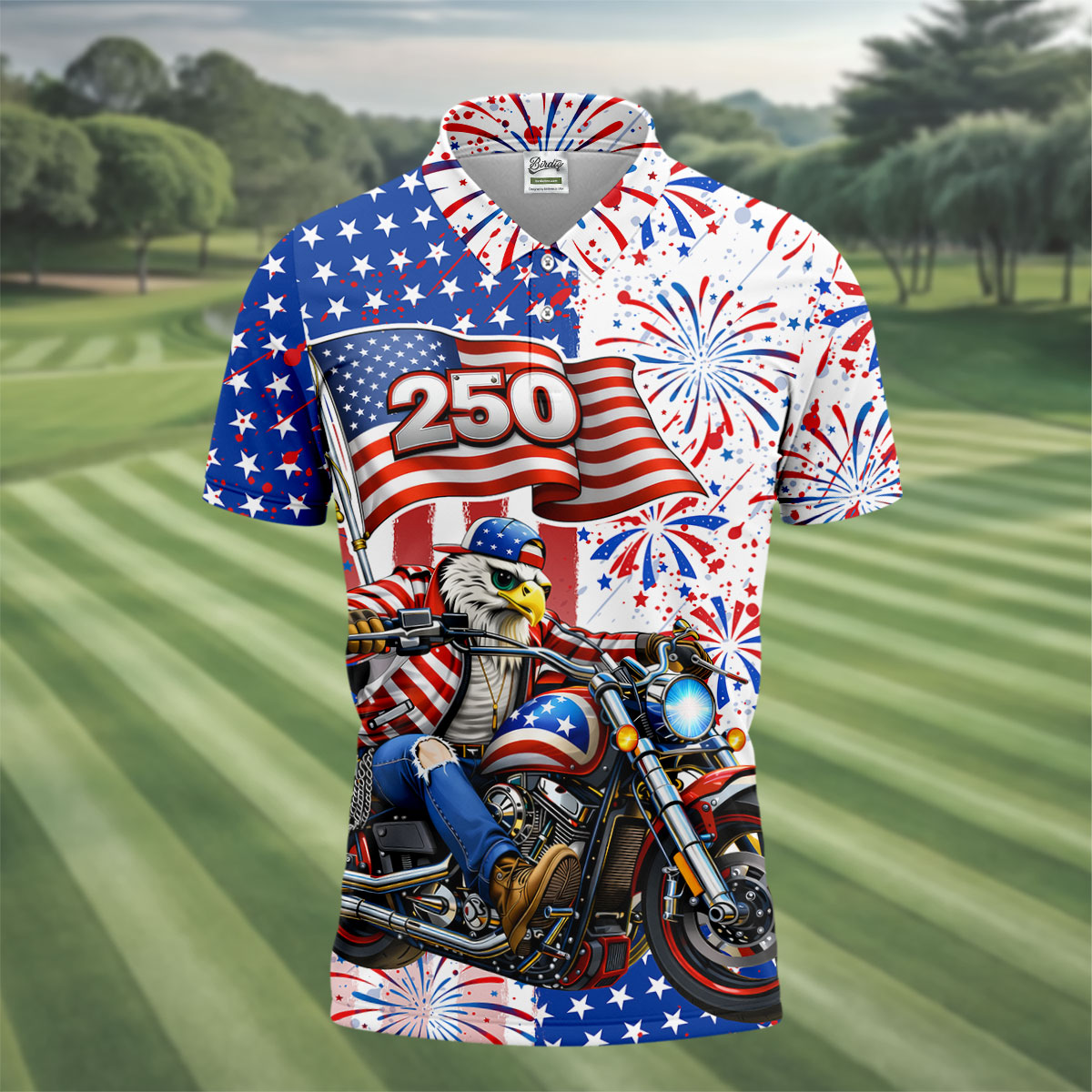250 Years Eagle Motorcycle American Flag Golf Shirt, Patriotic 4th Of July Golf Shirts For Men