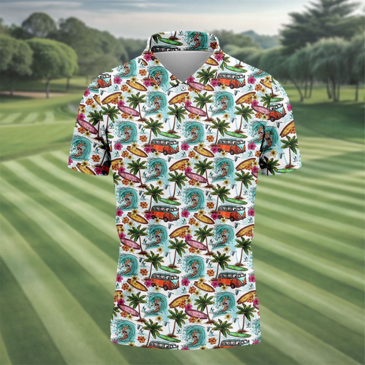 Tropical Trip Big Wave Riders Hawaiian Golf Shirt, Polo Shirtor Men, Golfing Apparel