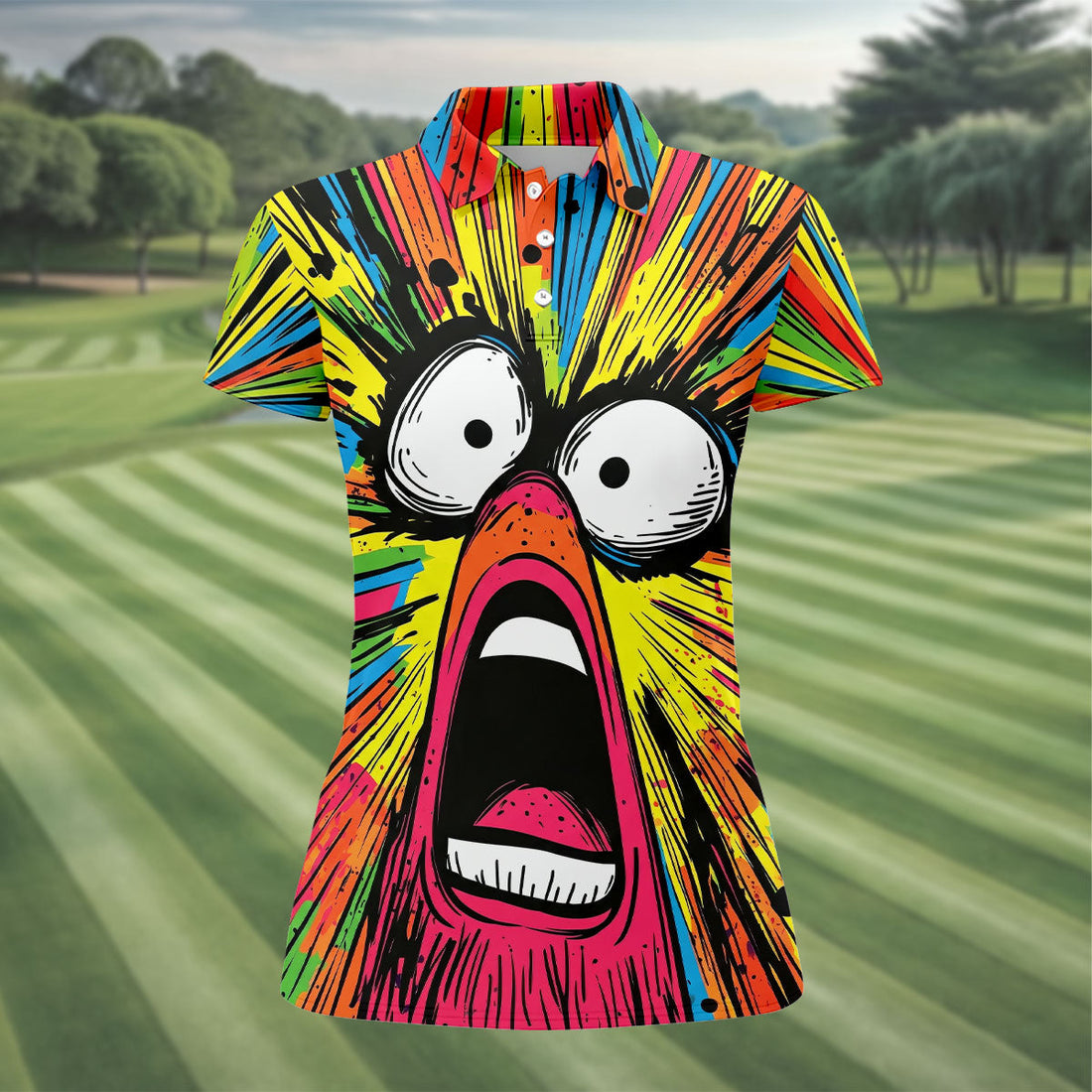 Screaming Face Colorful Retro Hawaiian Golf Shirt, Fun Women's Golf Shirts