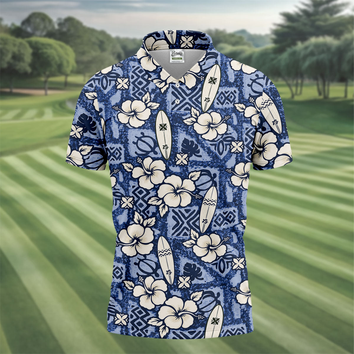 Blue Hawaiian Surfboard Hibiscus Design Hawaiian Golf Shirt, Golf Shirts For Men, Polo Shirts For Men