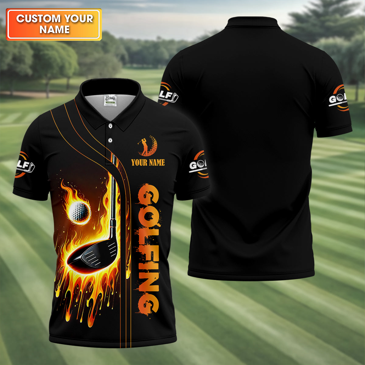Fire Golf Ball Custom Men's Golf Polo ShirtFunny Golf Shirt, Dad Golf Gifts