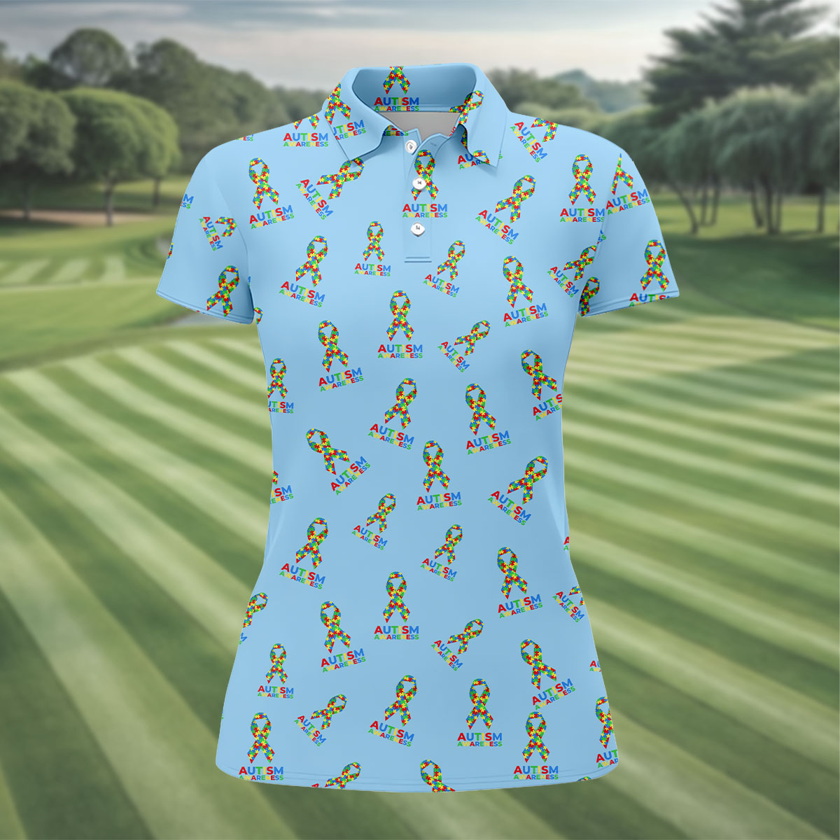 Autism Awareness Colors Autism Ribbon Blue Golf Shirt, Women's Golf Tops, Ladies Golf Polos