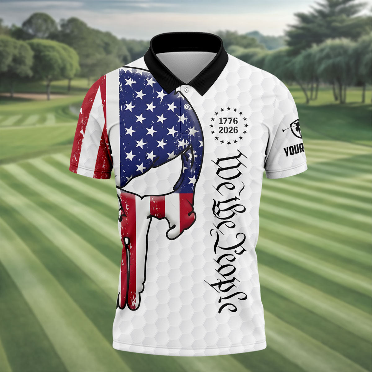 We The People 250 Celebration US Flag Pattern Skull Golf Shirt, Patriotic 4th Of July Golf Shirts For Men