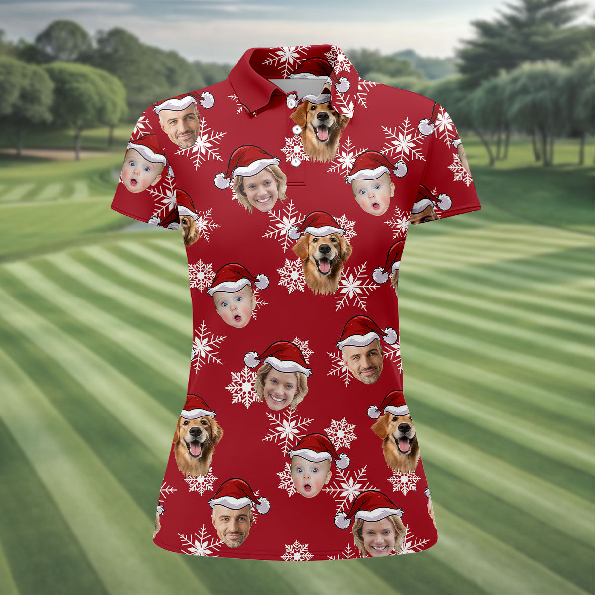 Custom Face Dark Red And White Christmas Women's Golf Tops, Ladies Golf Shirts, Christmas Golf Gift
