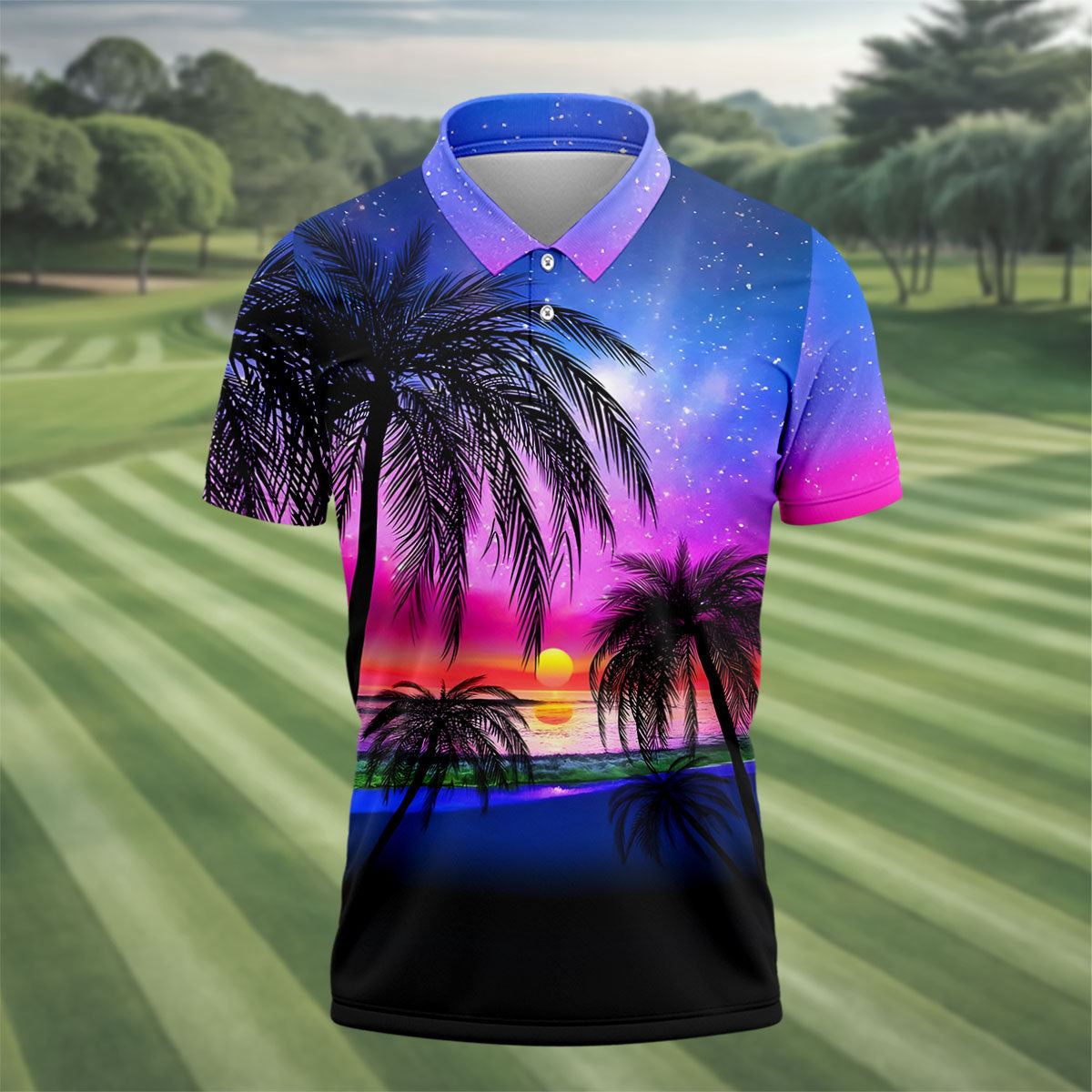 Palm Tree Beach Sunset Golf Shirt, Mens Golf Polo, Printed Golf Shirts, Golf Apparel For Men