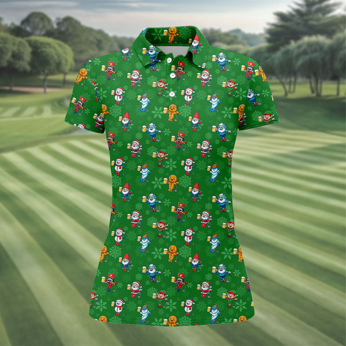 Christmas Characters Golf And Beer Green Women's Funny Golf Shirts, Christmas Golf Shirt, Polo ShirtFor Women