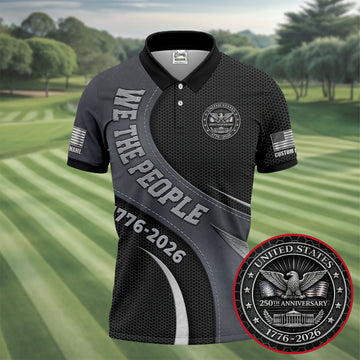 We The People US 250th Anniversary Hexagon Pattern Custom Golf Shirts, 4th Of July Patriotic Golf Shirts For Men