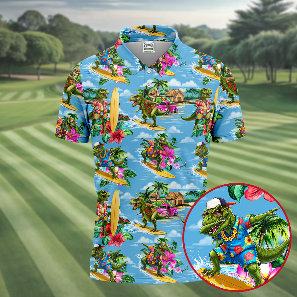 Hawaiian T Rex Surfboard Beach Hawaiian Golf Shirt, Mens Golf Polo, Printed Golf Shirts