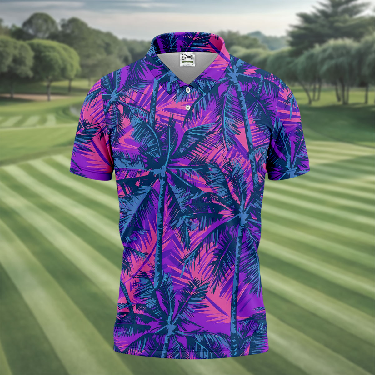 Purple Pink Tropical Palm Trees Golf Shirt, Mens Golf Polo, Printed Golf Shirts